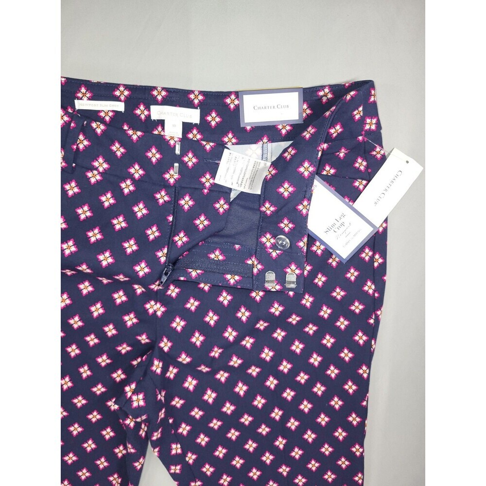 Charter Club Newport Slim Crop Pants 10 Blue Print Womens Cotton Stretch